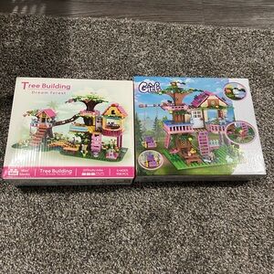 Set of 2 Pink Tree House Building Block Playset for Kids